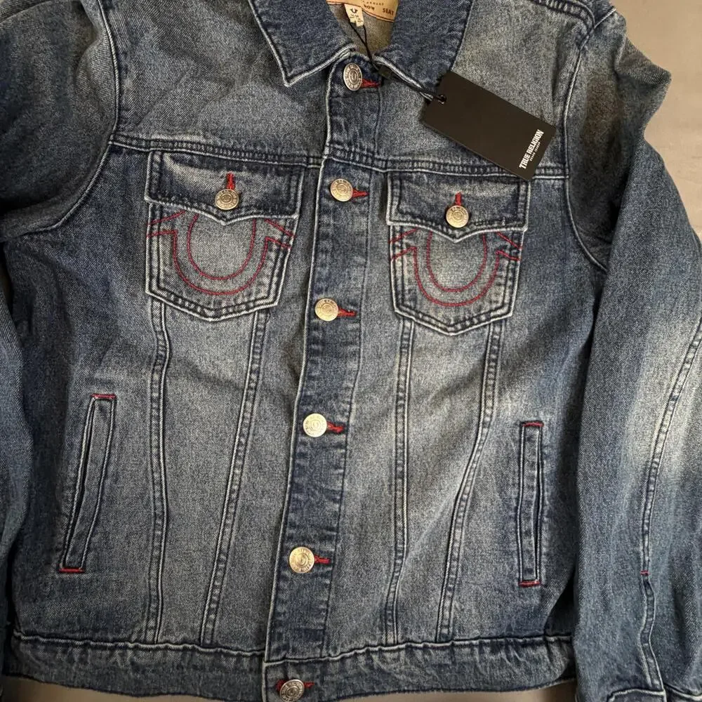 True Religion Jacket Mens Medium Blue Denim TRBJ Print SN Graphic 701133